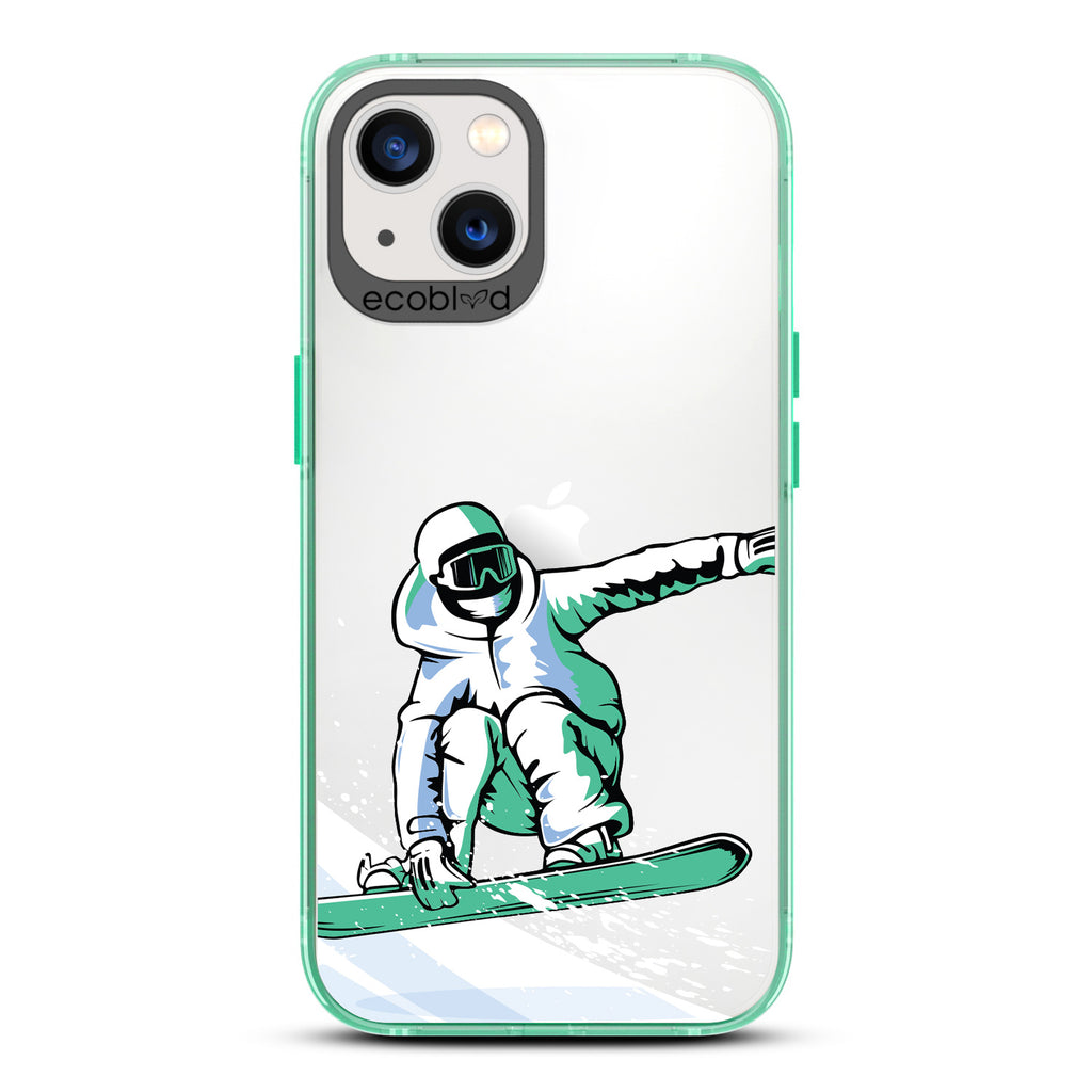 Winter Collection - Green Eco-Friendly iPhone 13 Case - A Snowboarder Jumps While Holding The Board On A Clear Back