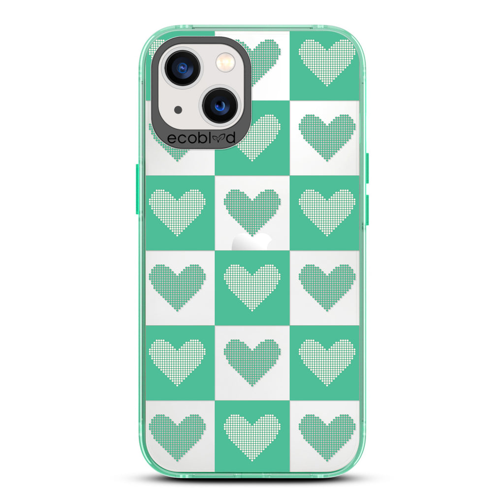 Love Collection - Green Compostable iPhone 13 Case - Green Checkered Print With Knitted Hearts On A Clear Back