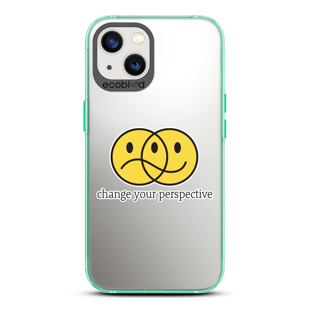 Laguna Collection - Green Compostable iPhone 13 Case With A Happy/Sad Face & Change Your Perspective On A Clear Back