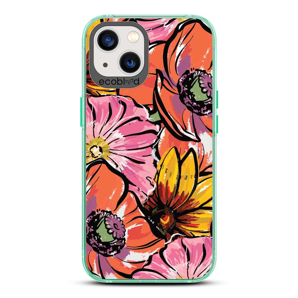 Spring Collection - Green Compostable iPhone 13 Case - Watercolor Spring Flowers Painting On A Clear Back