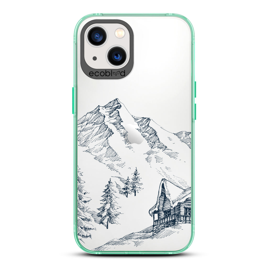 Back View Of Green Eco-Friendly iPhone 13 Clear Case With The Cabin Retreat Design & Front View Of Screen