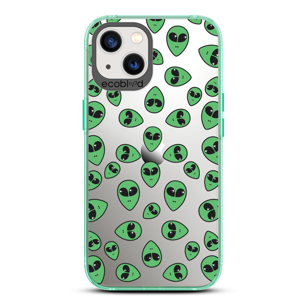 Laguna Collection - Green Eco-Friendly iPhone 13 Case With Green Cartoon Alien Heads On A Clear Back - Compostable