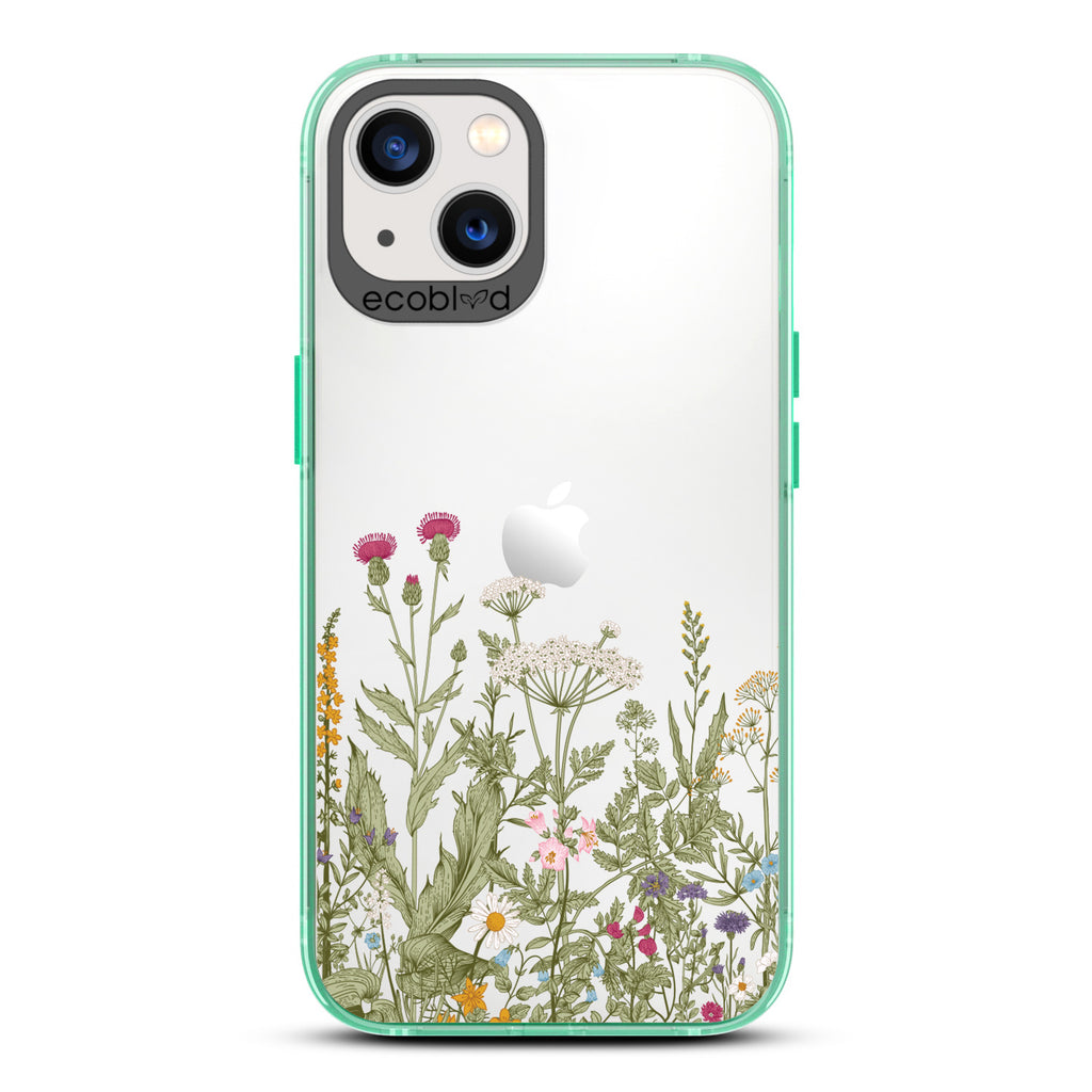 Spring Collection - Green Compostable iPhone 13 Case - Wild Herbs & Flowers Botanical Herbarium On A Clear Back