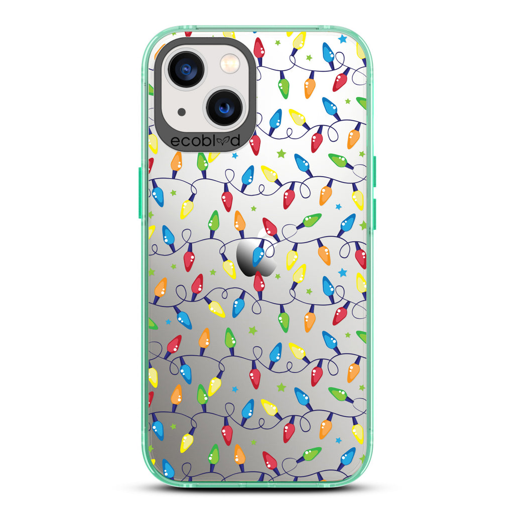 Winter Collection - Green Compostable Laguna iPhone 13 Case With Colorful Christmas Lights & Stars On A Clear Back