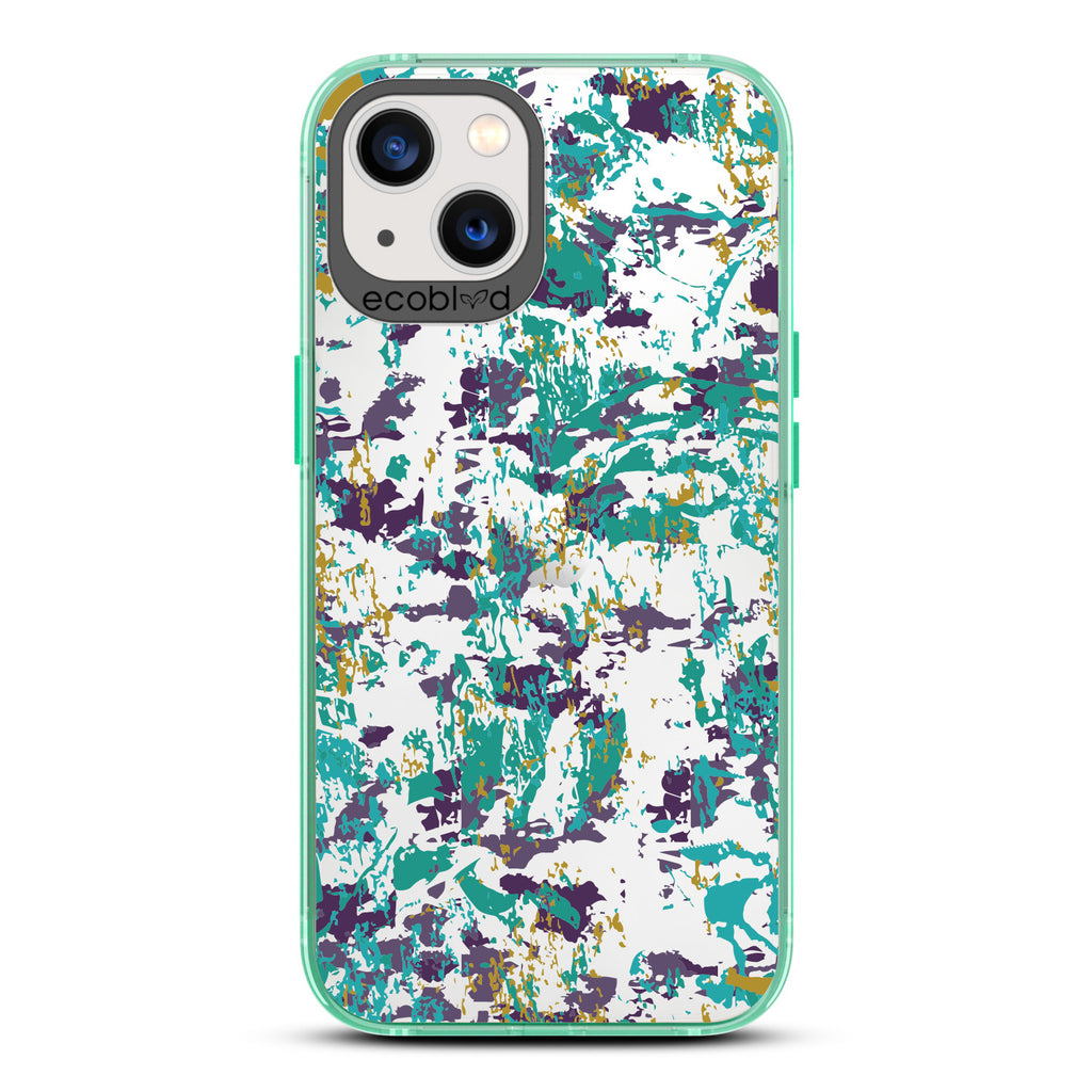 Contemporary Collection - Green Compostable iPhone 13 Case - Abstract Expressionist Paint Splatter On A Clear Back