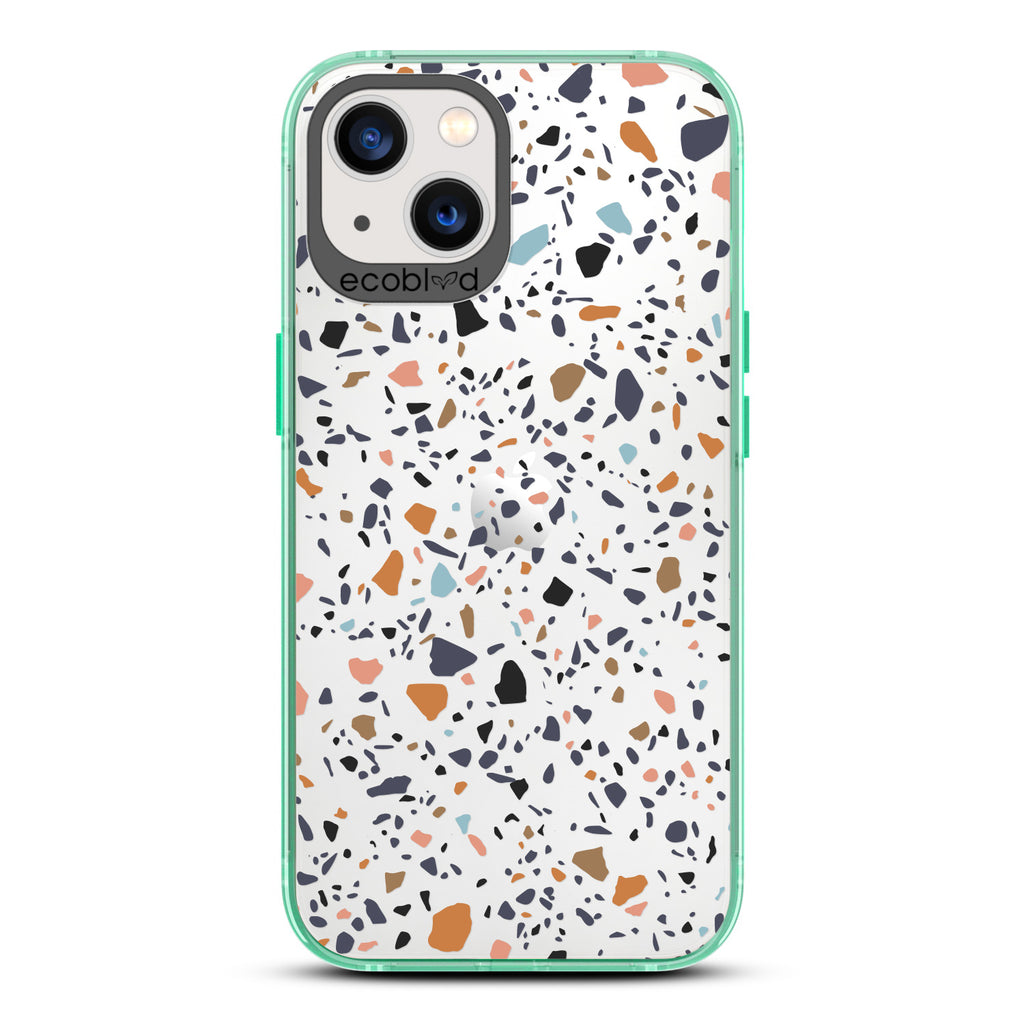 Timeless Collection - Green Laguna Compostable iPhone 13 Case With A Speckled Terrazzo Pattern On A Clear Back