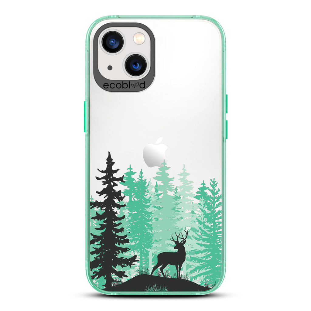 Winter Collection - Green Compostable iPhone 13 Case - Wild Stag Standing On Boulder In The Woods On Clear Back