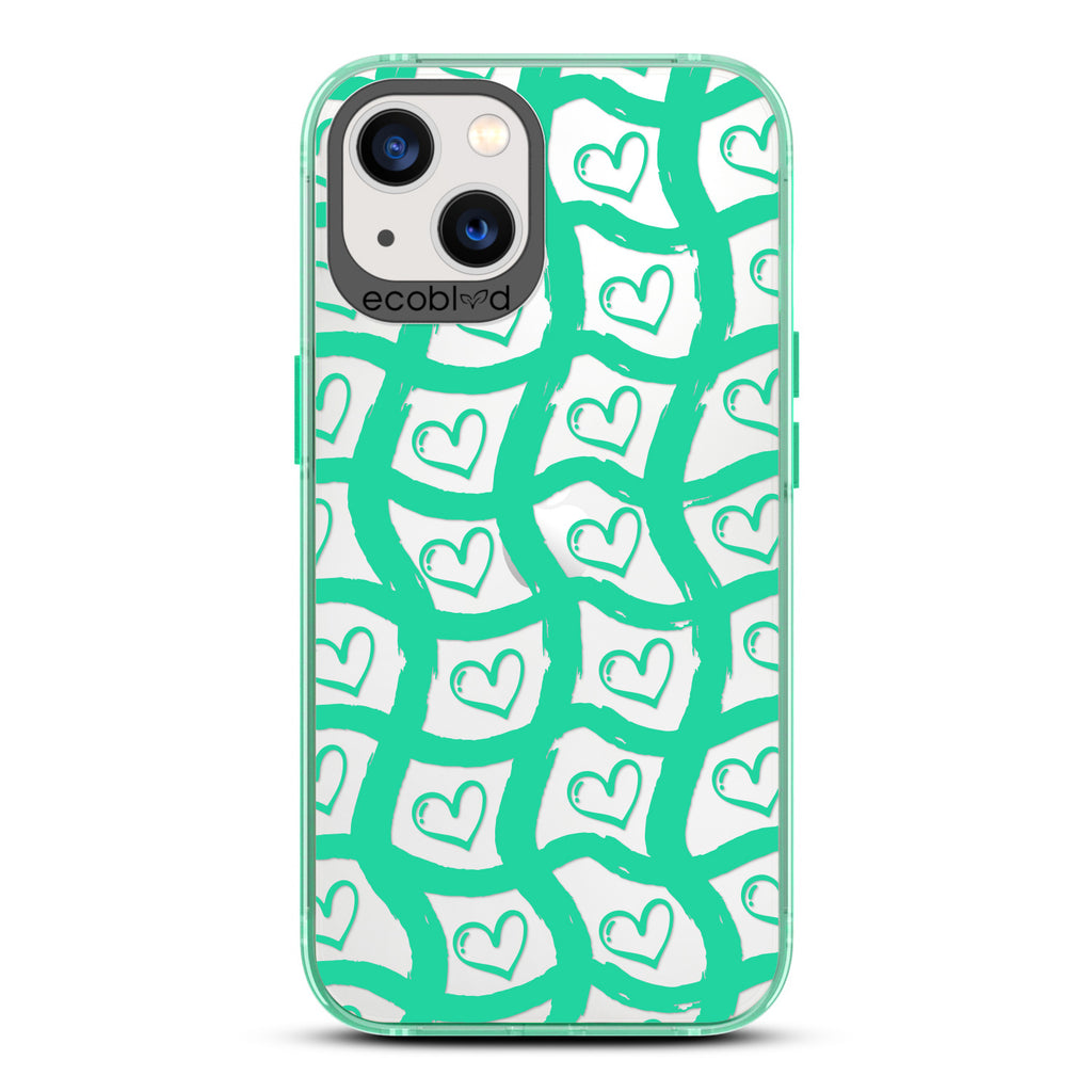 Love Collection - Green Compostable iPhone 13 Case - Wavy Paint Stroke Checker Print With Hearts On A Clear Back