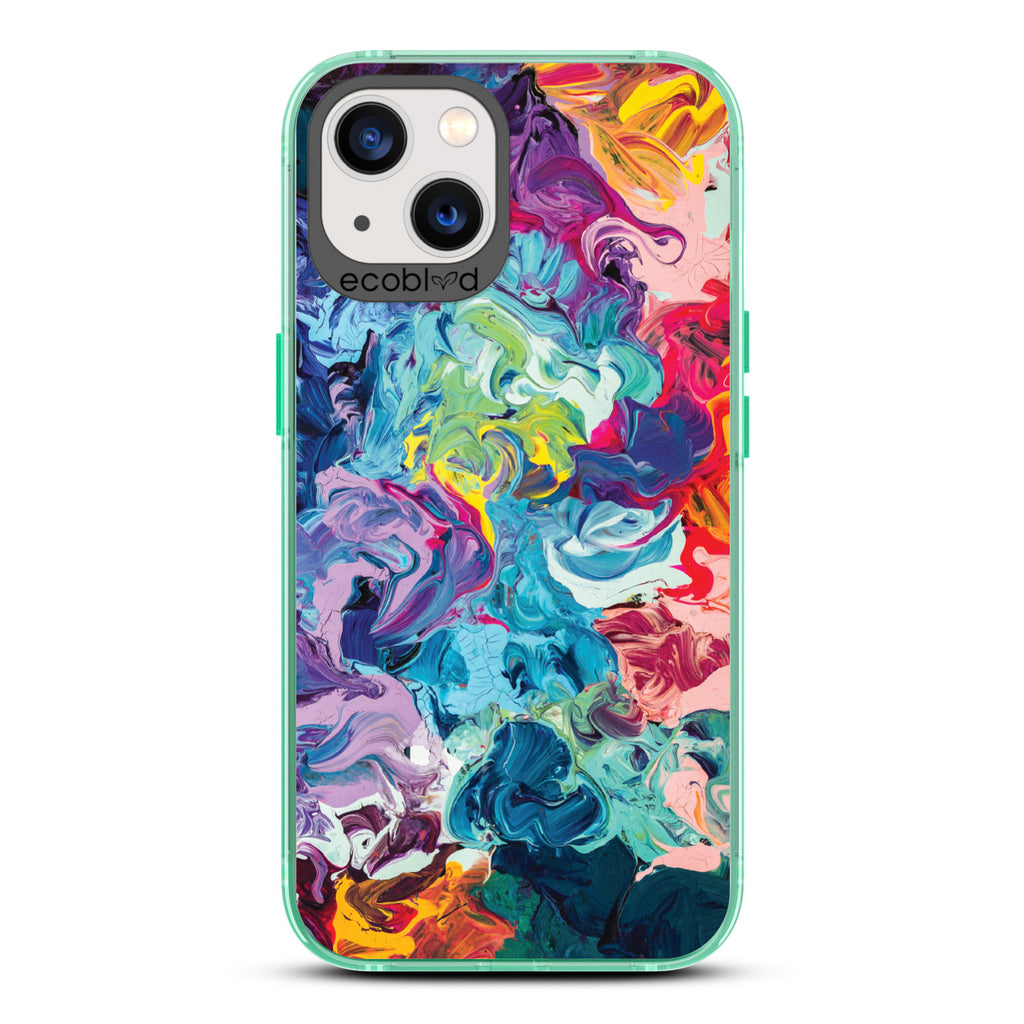 Contemporary Collection - Green Compostable iPhone 13 Case - Abstract Colorful Oil Painting On A Clear Back