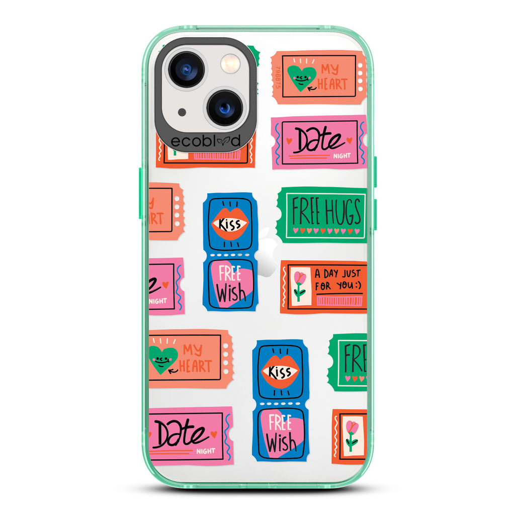 Love Collection - Green Compostable iPhone 13 Case - Coupons For Date Night, A Free Kiss, & More On A Clear Back