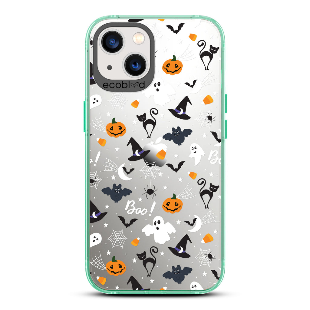 Halloween Collection - Green Laguna iPhone 13 Case With Spiders, Ghosts & Other Spooky Characters On A Clear Back 