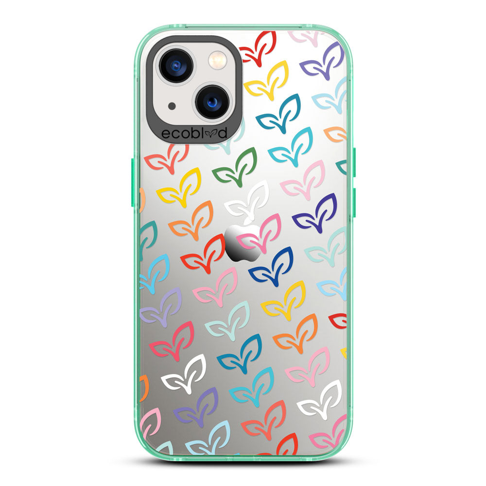 Laguna Collection - Green iPhone 13 Case With Colorful V-Leaf Monogram Print On A Clear Back - 6FT Drop Protection