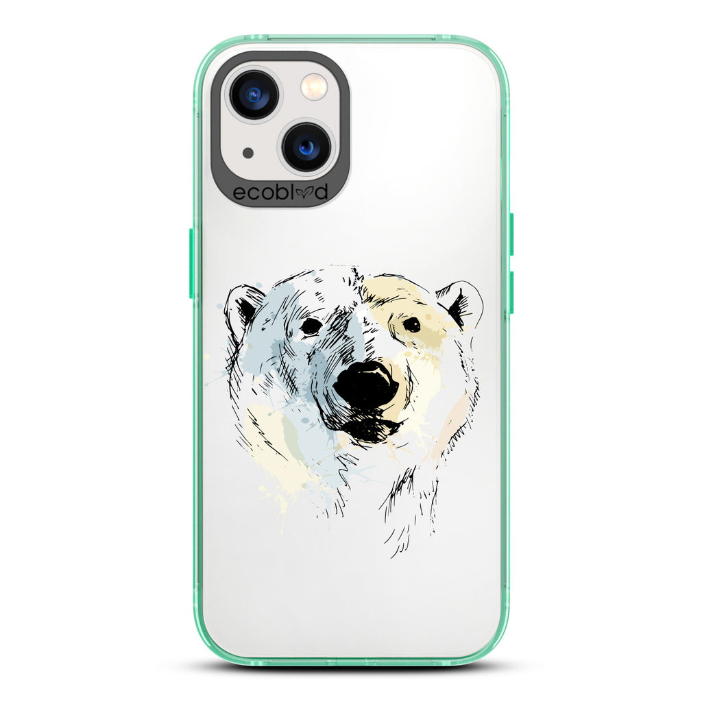 Winter Collection - Green Compostable iPhone 13 Case - Illustrated Polar Bear Face On Clear Back