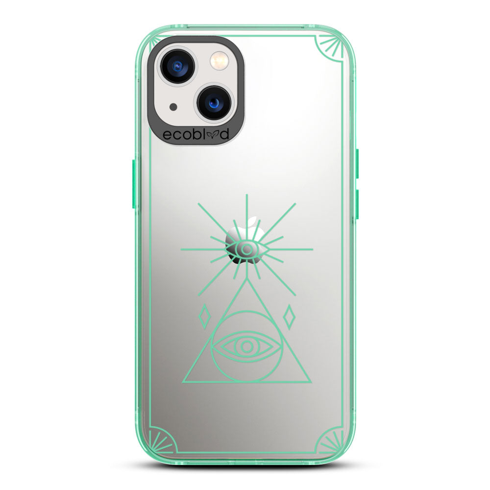 Laguna Collection - Green iPhone 13 Case With An All Seeing Eye Tarot Card On A Clear Back - 6FT Drop Protection