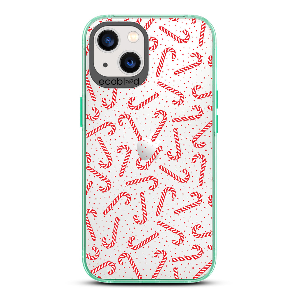 Winter Collection - Green Laguna Eco-Friendly iPhone 13 Case With Red & White Candy Canes, Red Dots On A Clear Back