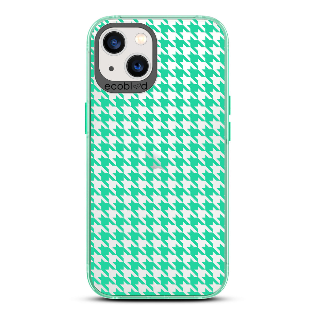 Timeless Collection - Green Laguna Compostable iPhone 13 Case With A Plaid Houndstooth Pattern On A Clear Back