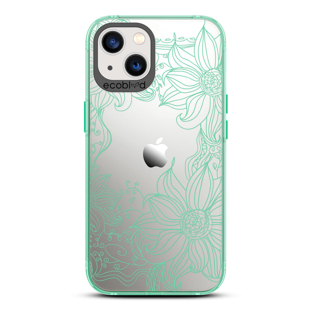 Laguna Collection - Green Eco-Friendly iPhone 13 Case With A Sunflower Stencil Line Art Design On A Clear Back