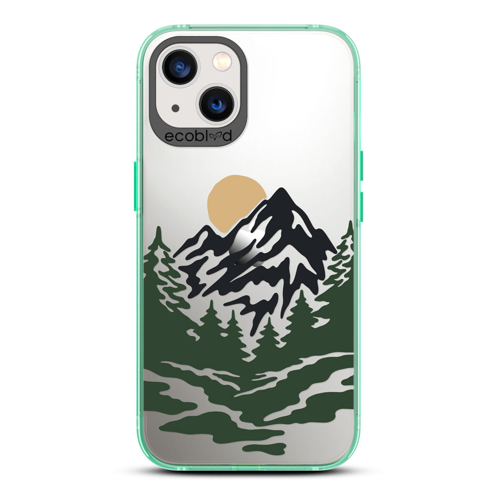 Laguna Collection - Blue Compostable iPhone 13 Case With A Minimalist Moonlit Mountain Landscape On A Clear Back 