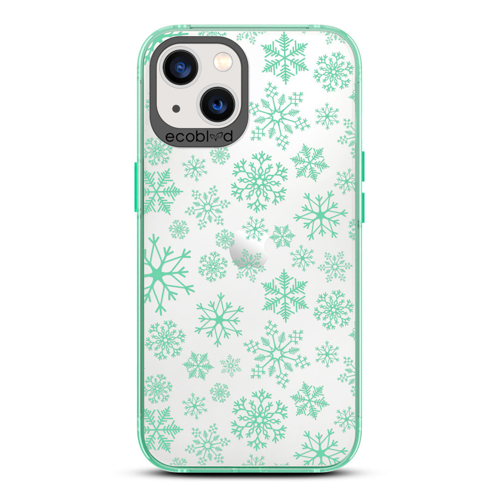Winter Collection - Green Eco-Friendly Laguna iPhone 13 Case With A Snowflake Pattern On A Clear Back