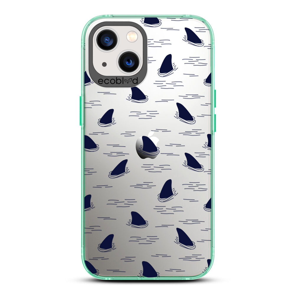 Laguna Collection - Green iPhone 13 Case With Shark Fins Peeking From Water On A Clear Back - 6FT Drop Protection
