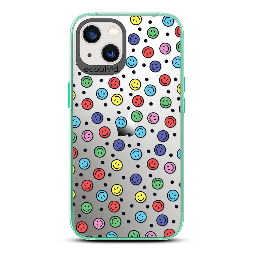 Laguna Collection - Green Eco-Friendly iPhone 13 Case With Multicolored Smiley Faces & Black Dots On A Clear Back 