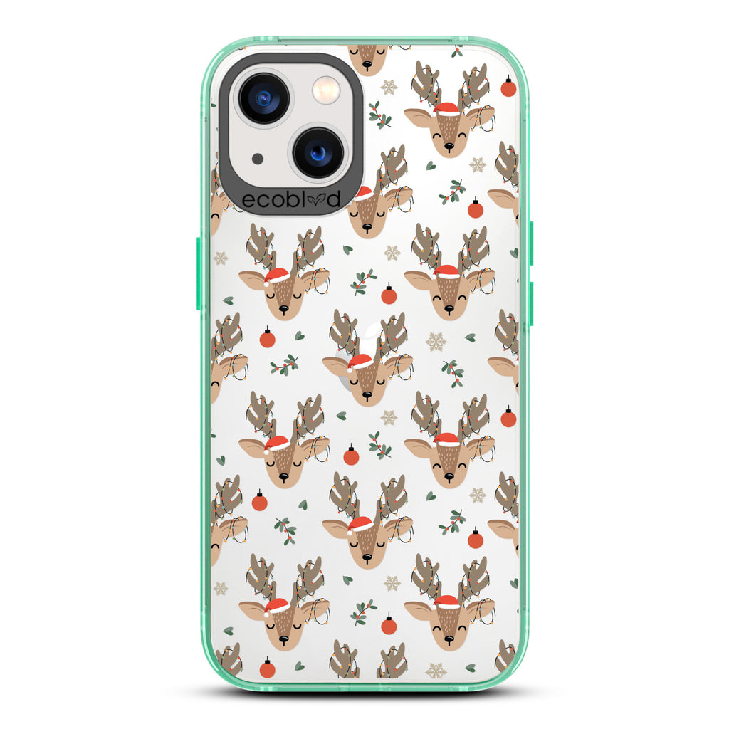 Winter Collection - Green Laguna iPhone 13 Case With Reindeer Wearing Santa Hats & Christmas Lights On A Clear Back
