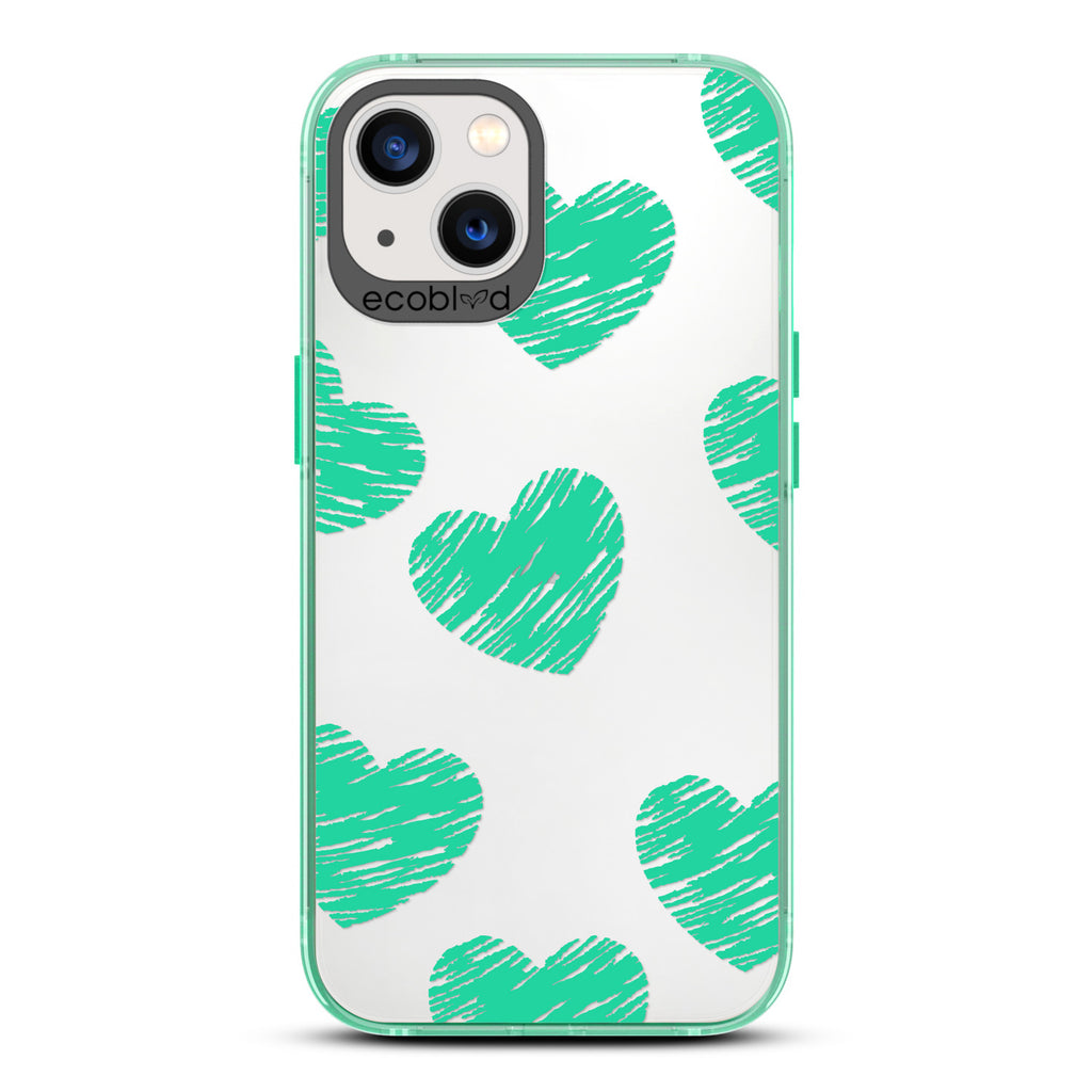 Love Collection - Green Compostable iPhone 13 Case - Green Scribbled Hearts On A Clear Back