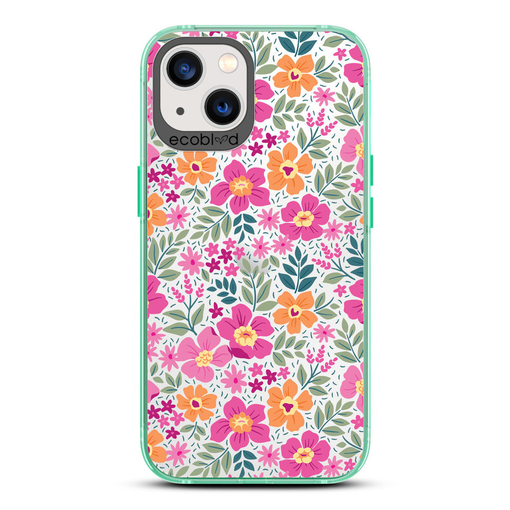 Spring Collection - Green Compostable iPhone 13 Case - Bright, Colorful  Vintage Cartoon Flowers with Leaves On A Clear Back