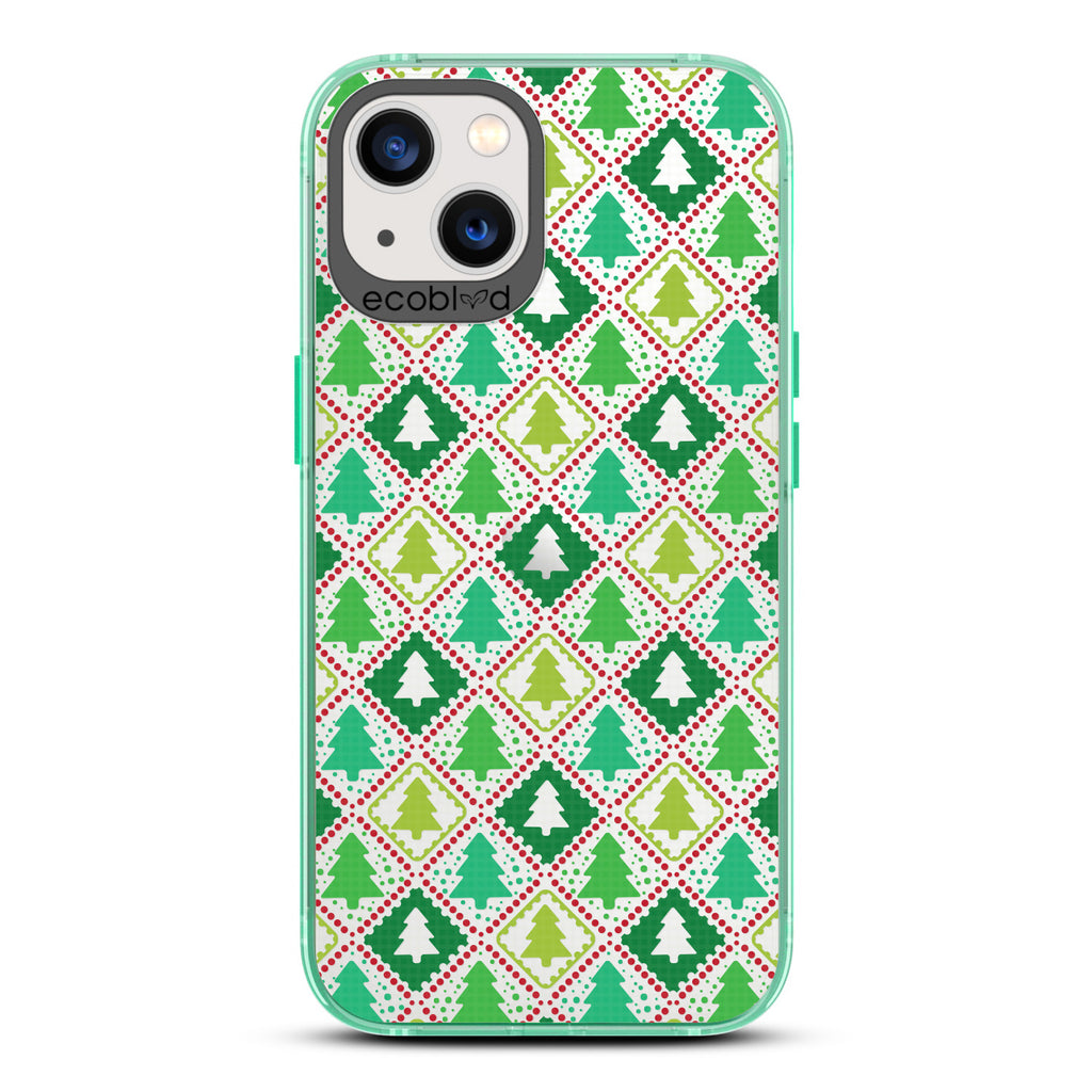 Winter Collection - Green Compostable Laguna iPhone 13 Case With Christmas Tree Wrapping Paper Print On Clear Back