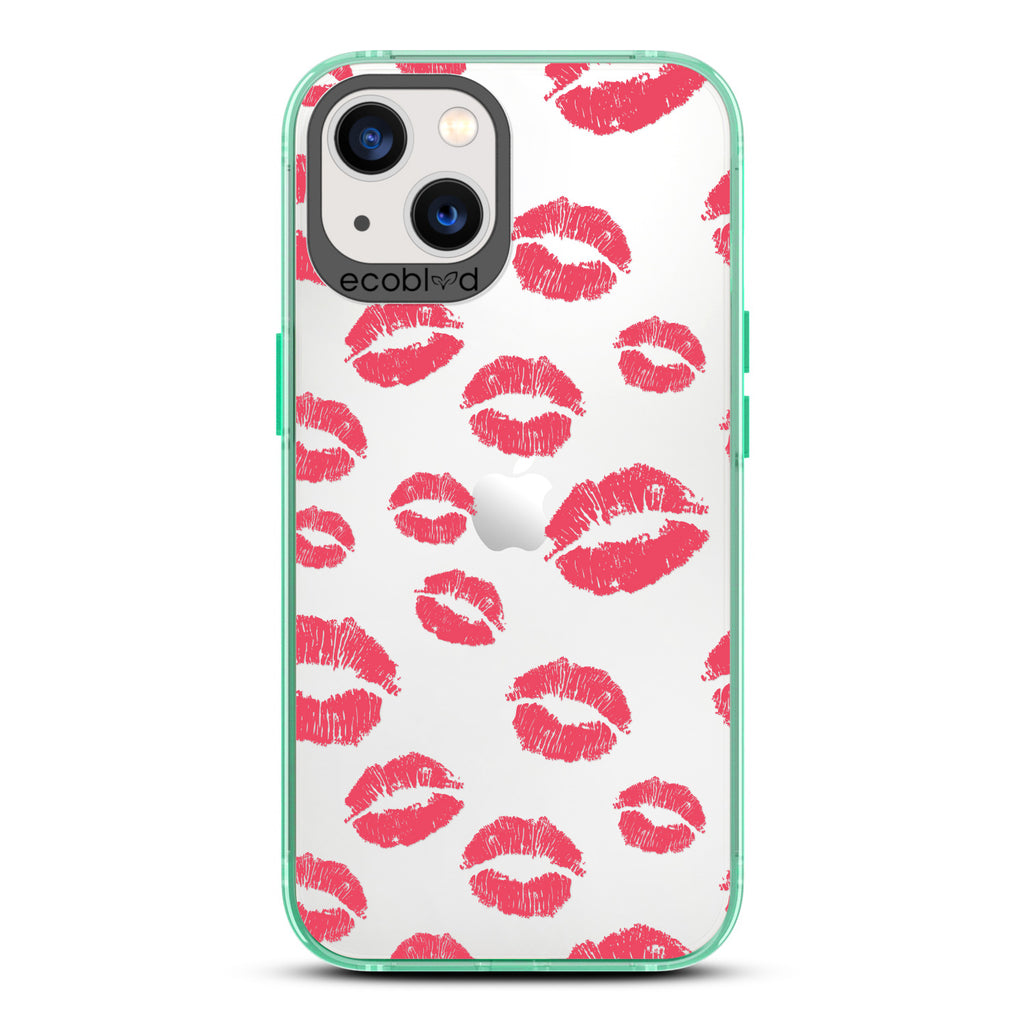 Love Collection - Green Compostable iPhone 13 Case - Multiple Red Lipstick Kisses On A Clear Back