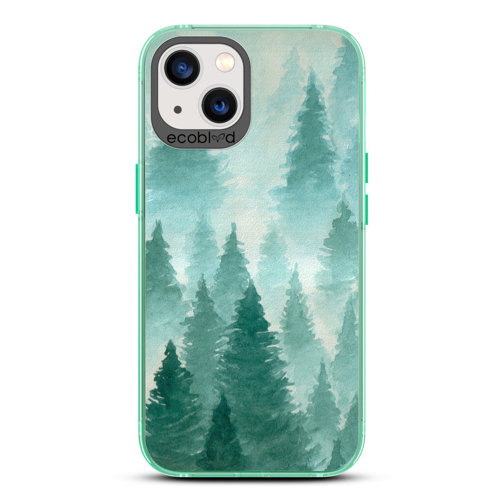 Winter Collection - Green Eco-Friendly Laguna iPhone 13 Case With A Watercolor Pine Tree Forest Print On A Clear Back