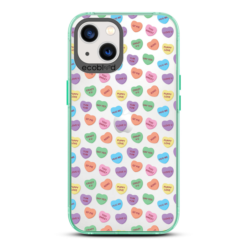 Love Collection - Green Compostable iPhone 13 Case - Pastel Colored Candy Hearts With Romantic Quotes On Clear Back