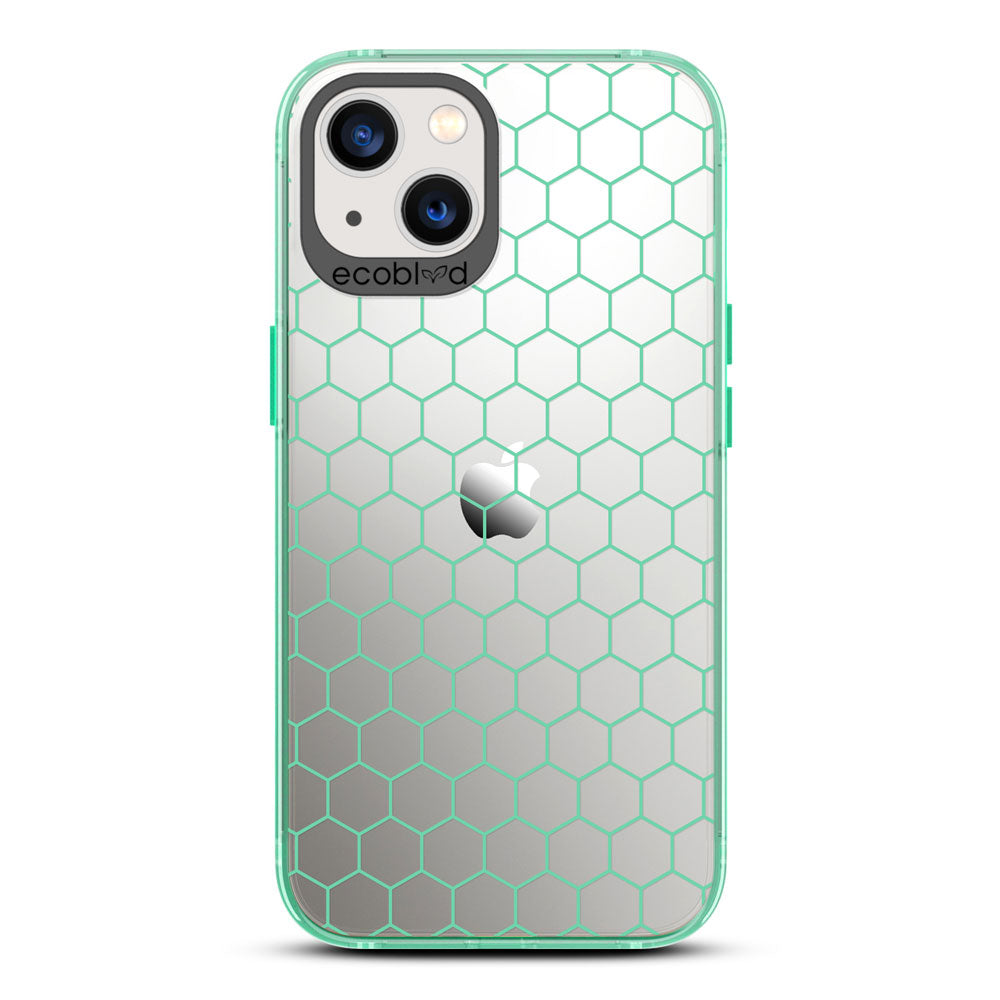 Laguna Collection - Green Eco-Friendly iPhone 13 Case With A Geometric Honeycomb Pattern On A Clear Back
