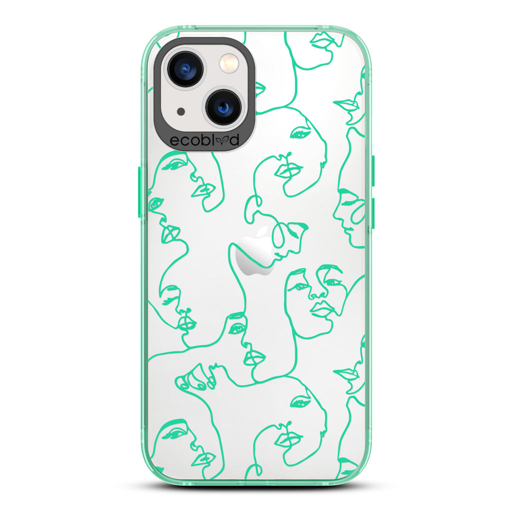 Contemporary Collection - Green Compostable iPhone 13 Case - Line Art Of A Woman's Face On A Clear Back