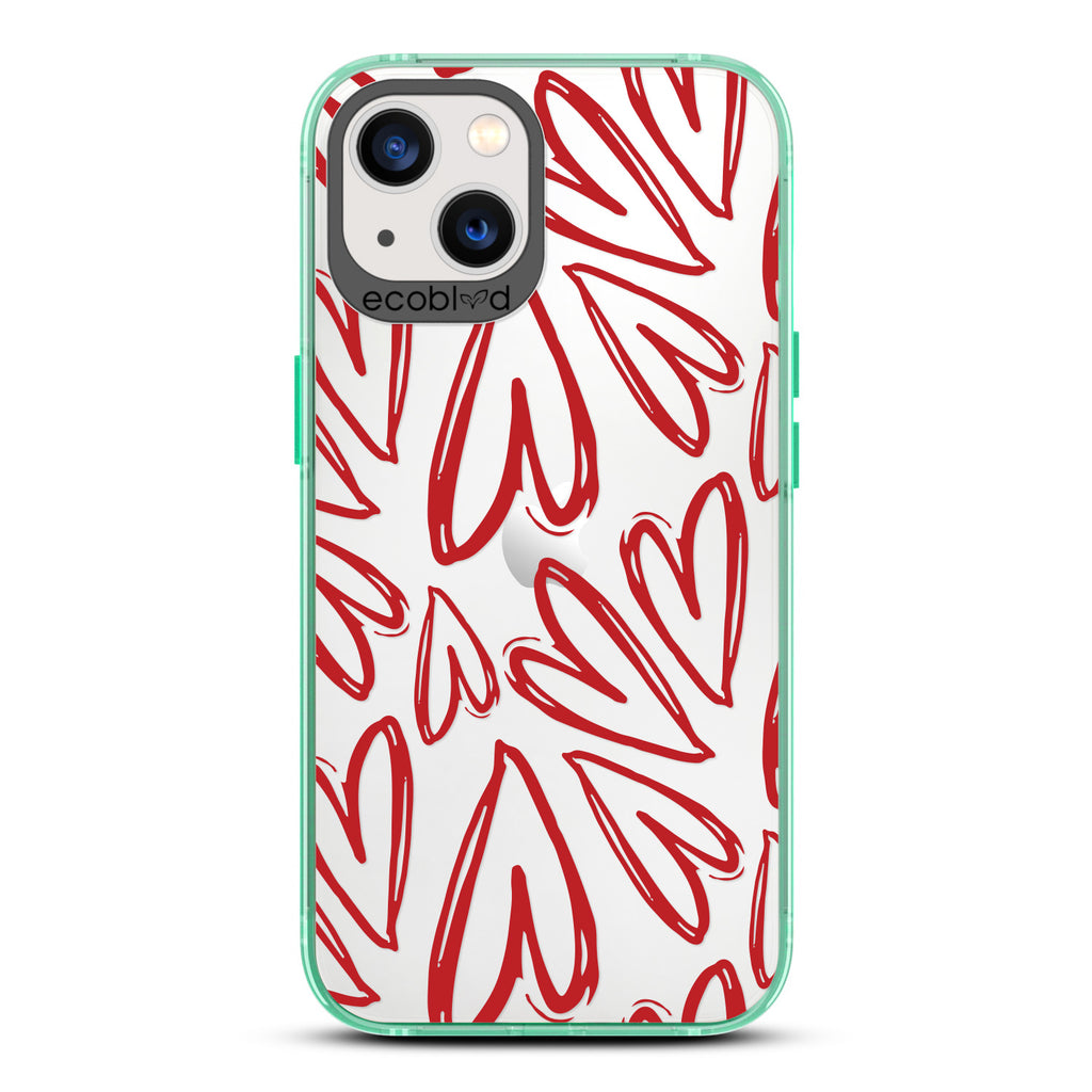 Love Collection - Green Compostable iPhone 13 Case - Painted / Sketched Red Hearts On A Clear Back