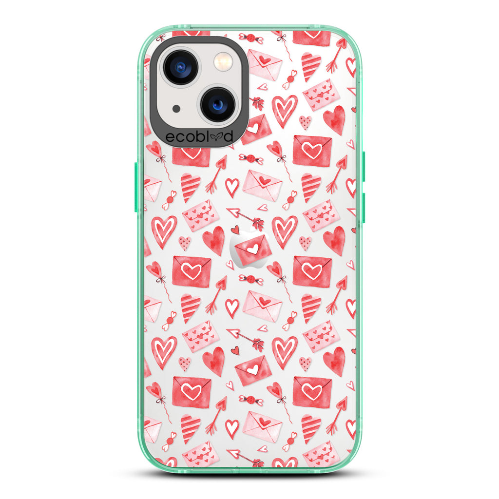 Love Collection - Green Compostable iPhone 13 Case - Red & Pink Love Letter Envelopes, Hearts & Arrows On Clear Back
