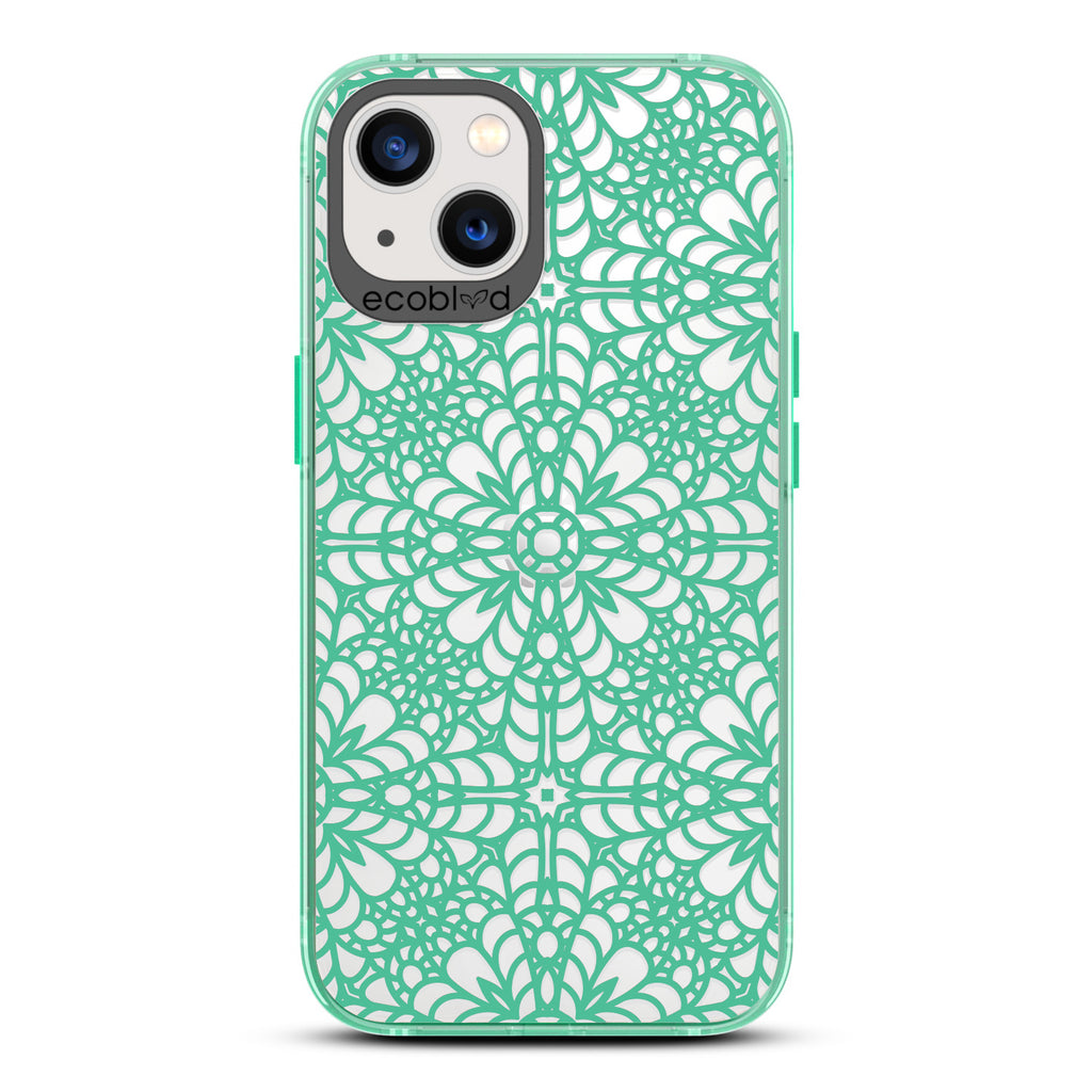 Spring Collection - Green Compostable iPhone 13 Case - Intricate Lace Tapestry Pattern On A Clear Back