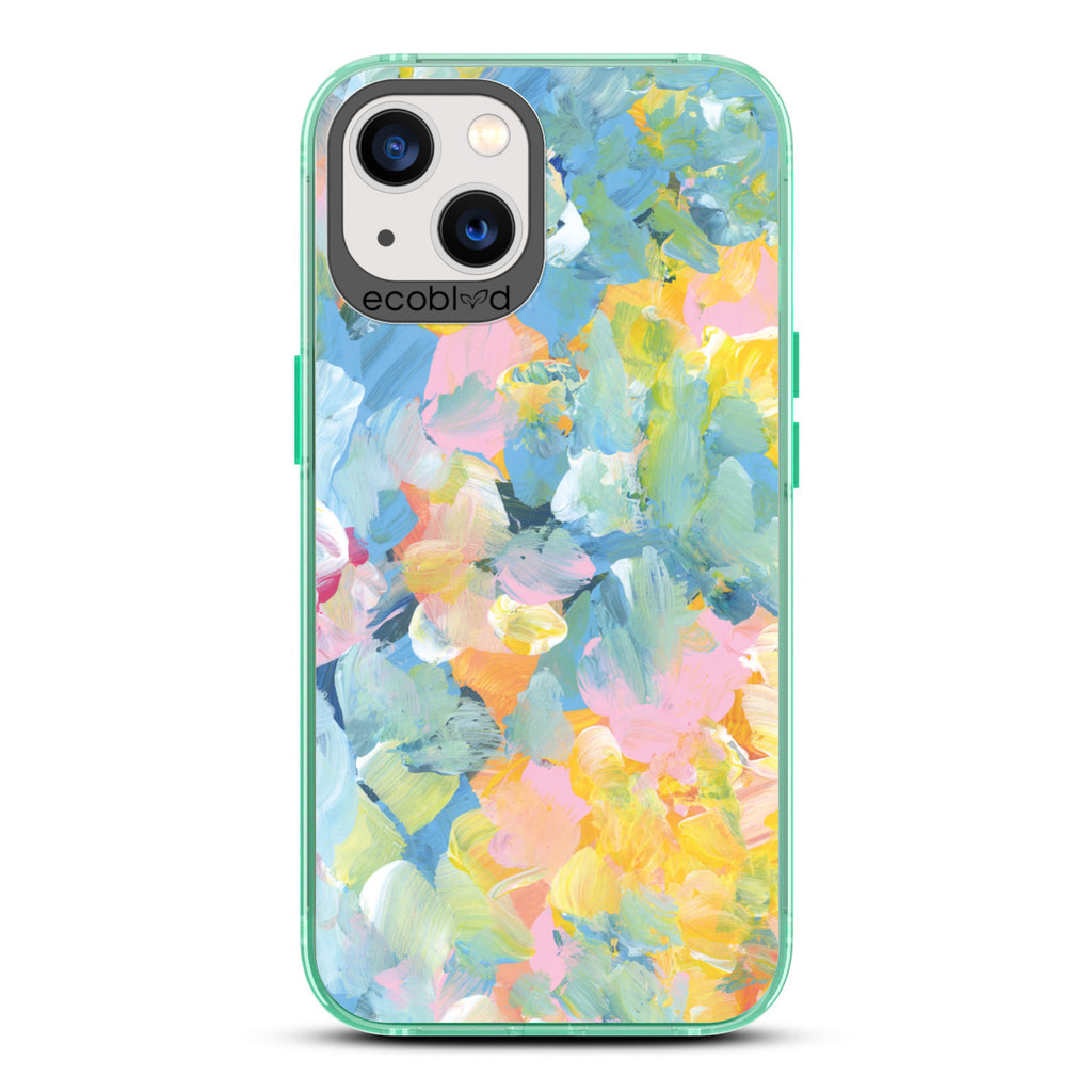 Spring Collection - Green Compostable iPhone 13 Case - Pastel Acrylic Abstract Paint Smears & Blots On A Clear Back