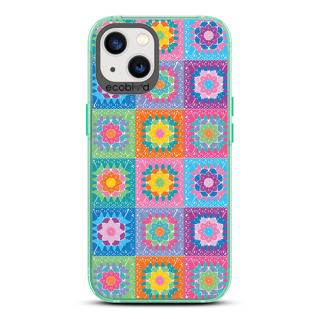  All Squared Away - Pastel Vintage Granny Squares Crochet - Eco-Friendly Clear iPhone 13 Case With Green Rim 