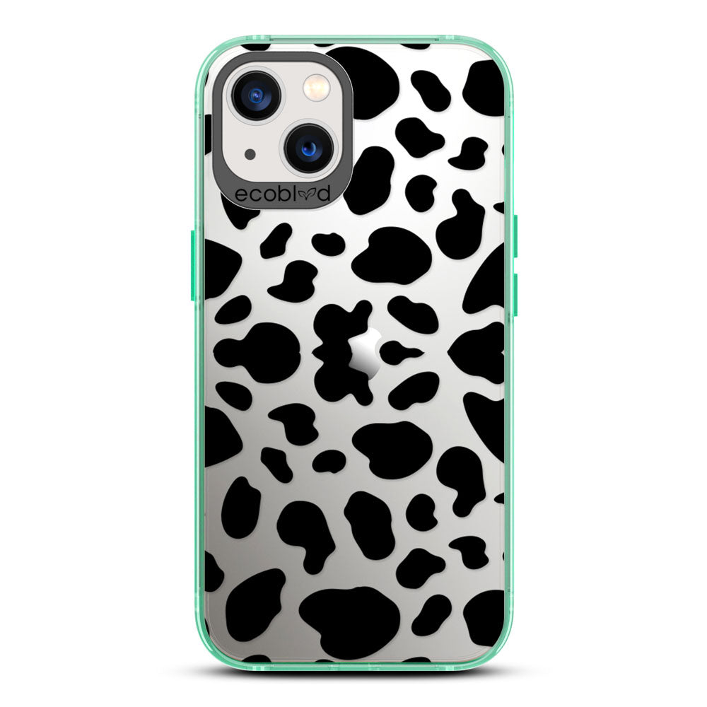 Laguna Collection - Green Eco-Friendly iPhone 13 Case With A Black Spots Cow Print On A Clear Back - Compostable
