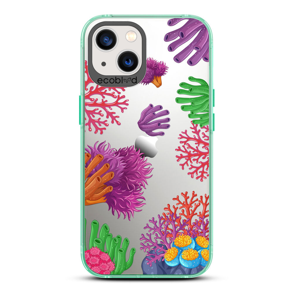 Laguna Collection - Green Eco-Friendly iPhone 13 Case With A Colorful Underwater Coral Reef Pattern On A Clear Back
