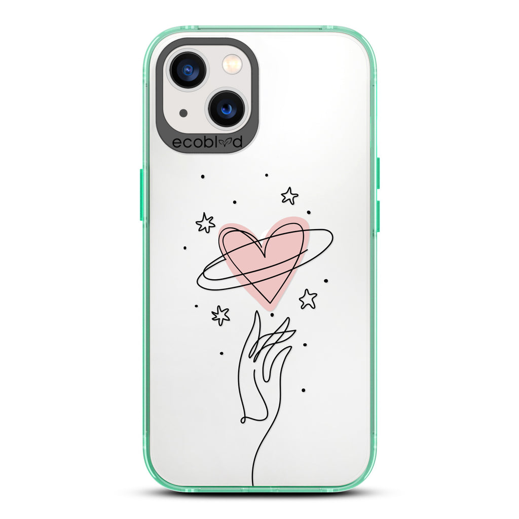 Be Still My Heart - Green Compostable iPhone 13 Case - Line Art Hand Reaching Out For Pink Heart, Stars On Clear Back