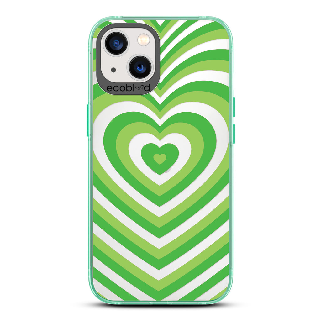 Love Collection - Green Compostable iPhone 13 Case - A Small Green Heart Gradually Growing Larger On A Clear Back