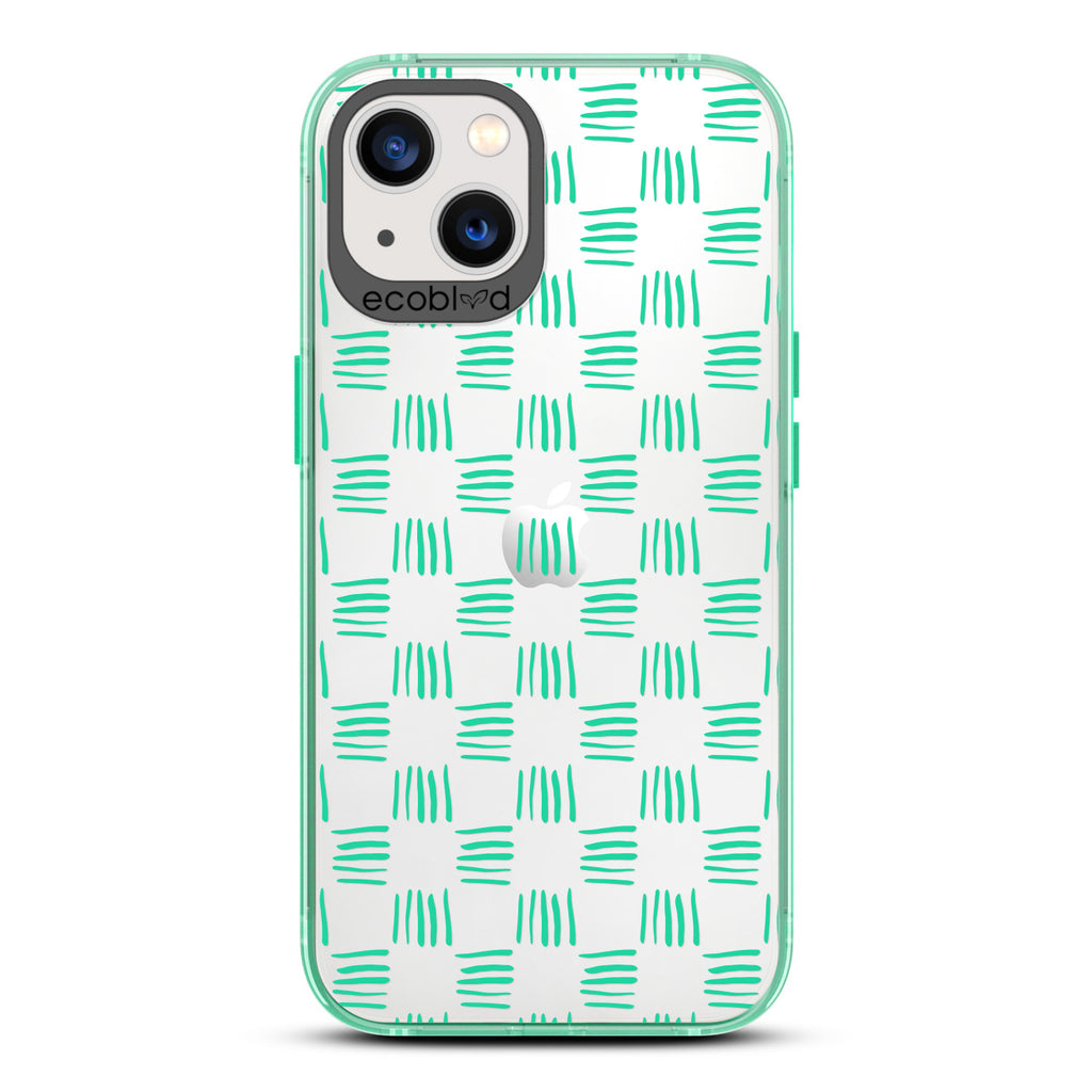 Contemporary Collection - Green Compostable iPhone 13 Case - Wicker Inspired Rattan Pattern On A Clear Back