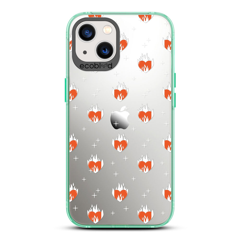 Laguna Collection - Green Eco-Friendly iPhone 13 Case With A Flaming Red Hearts & Stars Pattern On A Clear Back 
