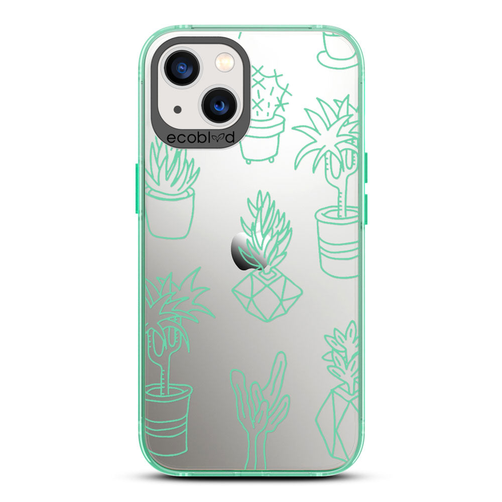 Laguna Collection - Green iPhone 13 Case With Line Art Succulent Garden Print On A Clear Back - 6FT Drop Protection