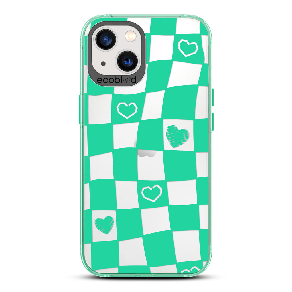 Love Collection - Green Compostable iPhone 13 Case - Wavy Checkered Print & Scribbled Hearts On A Clear Back