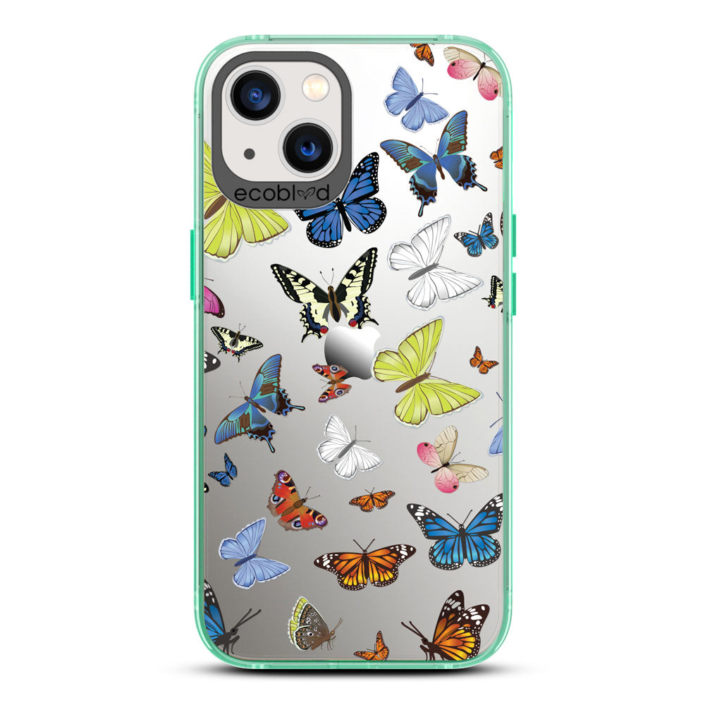 Laguna Collection - Green iPhone 13 Case With Multicolored Butterflies On A Clear Back - 6FT Drop Protection