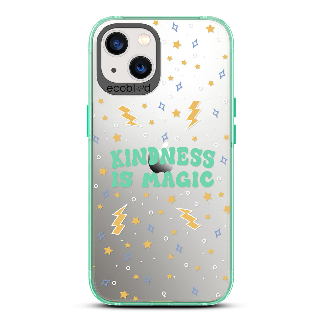 Laguna Collection - Green Compostable iPhone 13 Case With Kindness Is Magic, Lightning Bolts & Stars On Clear Back