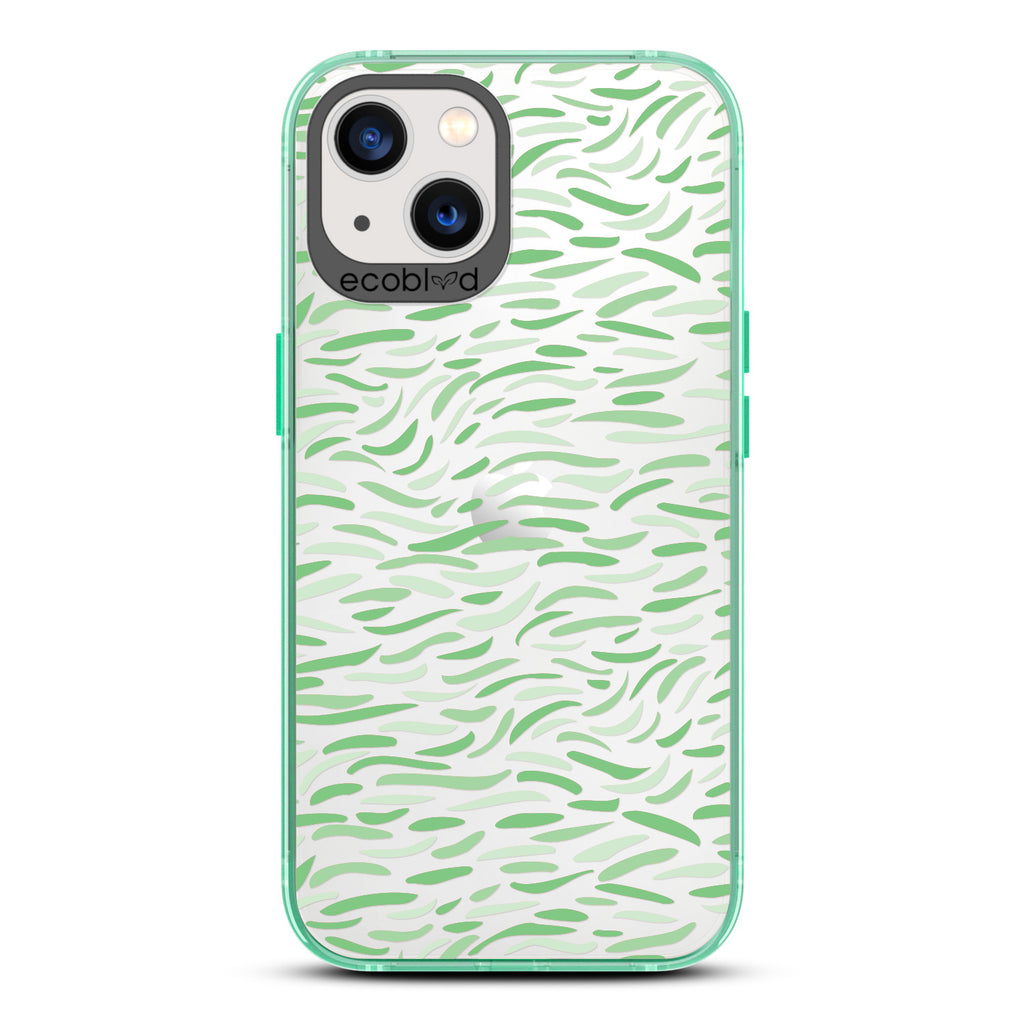 Timeless Collection - Green Laguna Compostable iPhone 13 Case With Abstract Paint Brush Strokes On A Clear Back
